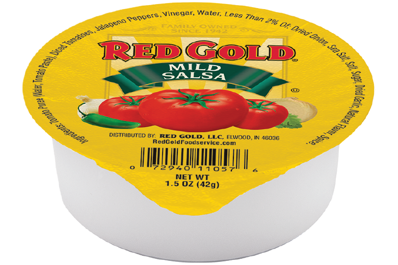 An image of a 1.5 oz cup of Red Gold Salsa.
