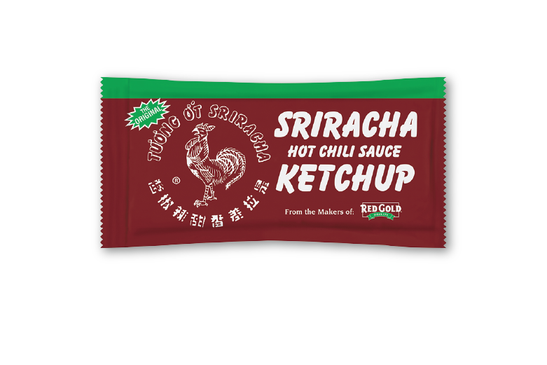 An image of a 8 gram packet of Huy Fong Sriracha Ketchup.