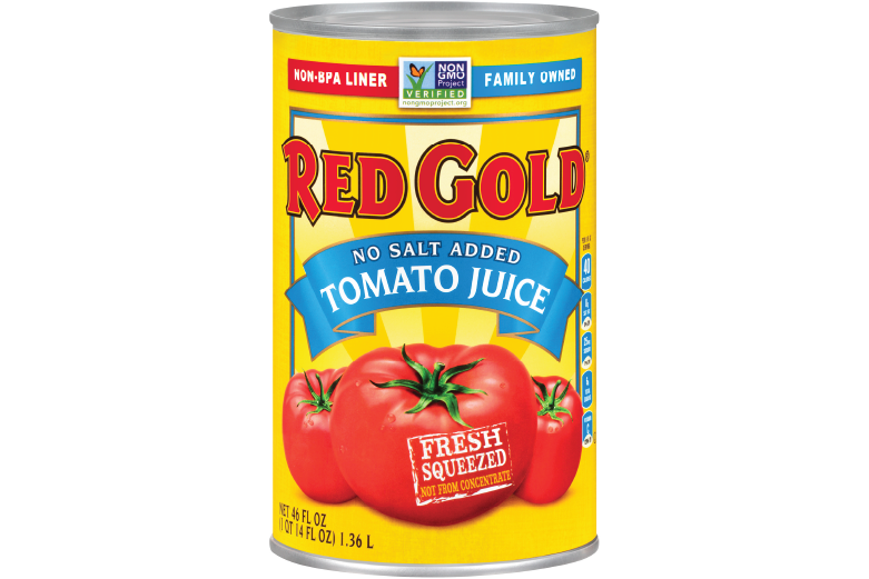 An image of a 46 oz. can of Red Gold Tomato Juice with No Salt Added.