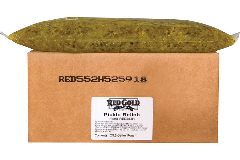 An image of a 1.5 gallon pouch of Red Gold Relish.