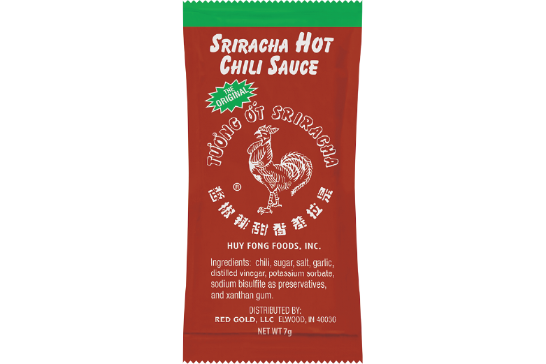 An image of a 7 gram packet of Huy Fong Hot Chili Sauce.